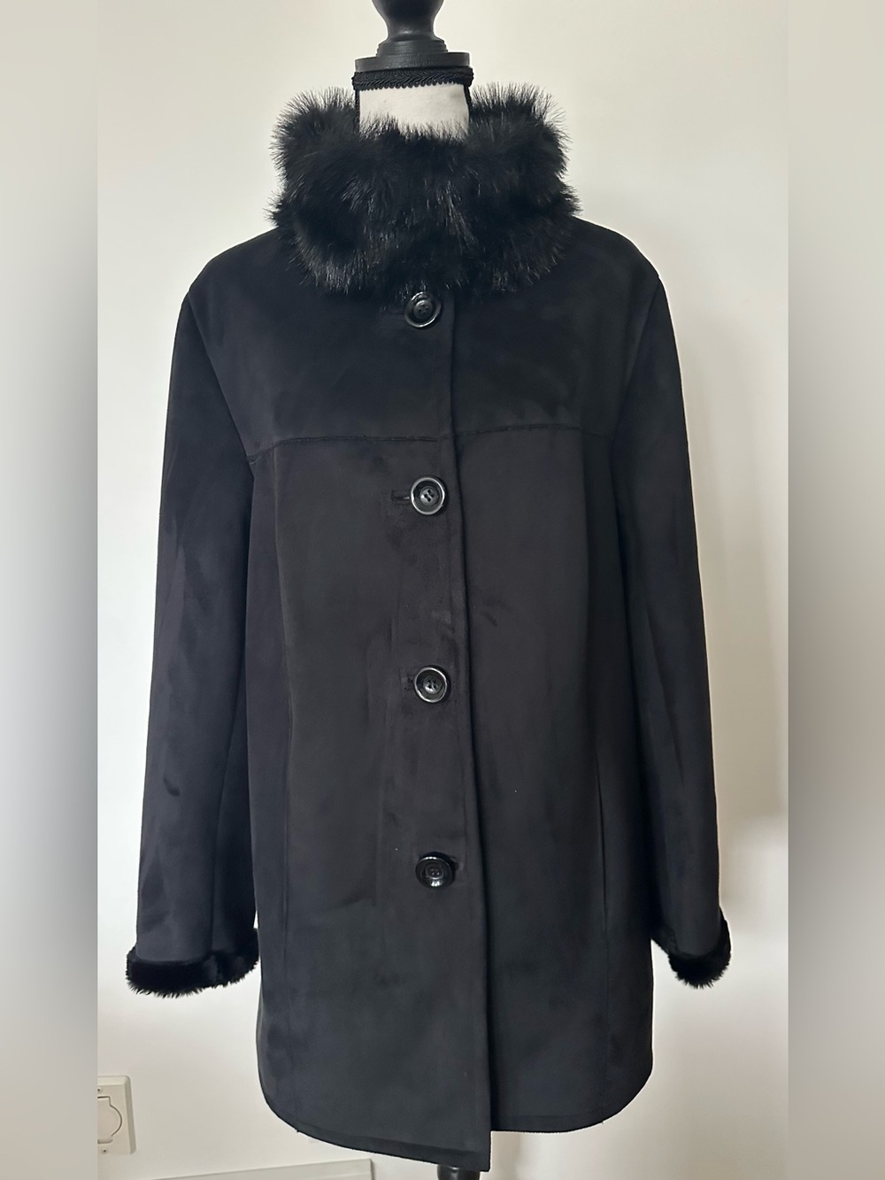 Jessica Black Faux Suede Faux Fur Coat Medium Penny Lane Classic Chic Jacket